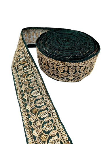 2 Yards, Dark Green Gold Embroidered Lace Trim Sequins Trim Decorative Sari Border Costume Ribbon Crafting Sewing Tape
